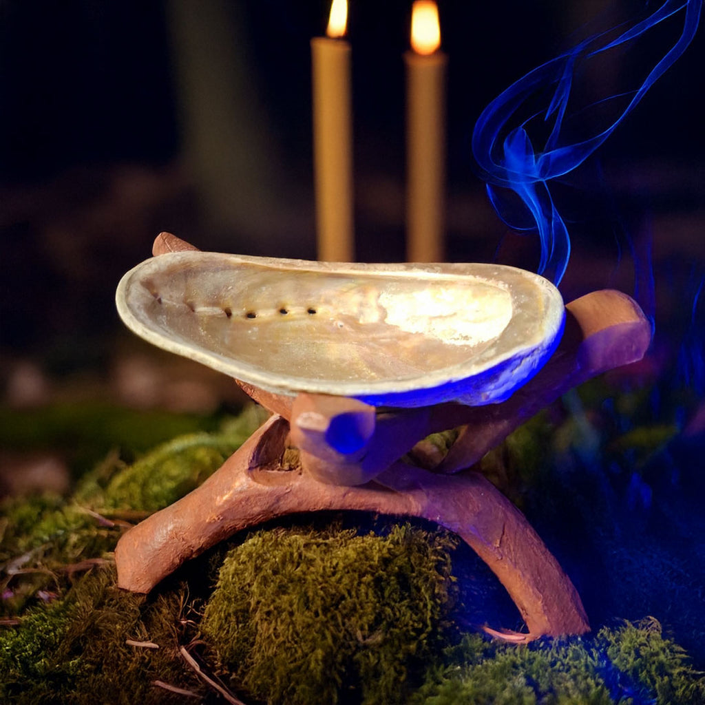 Suport pentru ardere si fumigatie salvie – scoica naturala cu baza din lemn