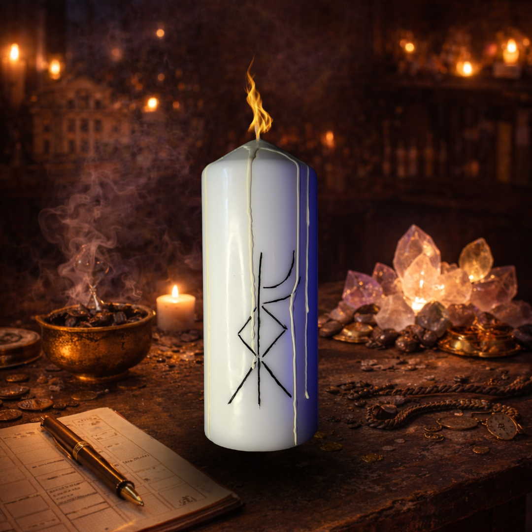 Stabilitate Materiala / Financiara – Lumanare Talisman cu Sigilii Runice pentru Echilibru, Siguranta, Organizare si Sustinere Energetica a Planului Material – Giovani Tarot