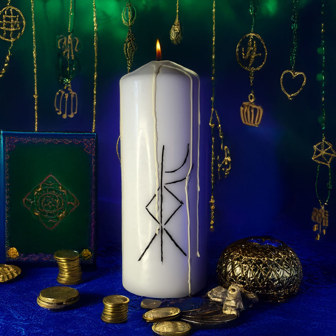 Stabilitate Materiala / Financiara – Lumanare Talisman cu Sigilii Runice pentru Echilibru, Siguranta, Organizare si Sustinere Energetica a Planului Material – Giovani Tarot