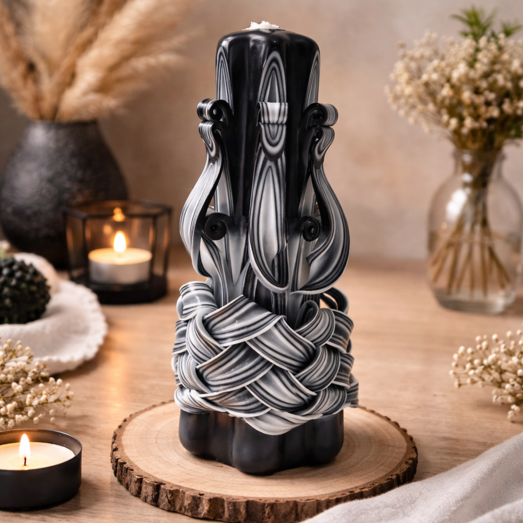Lumanare Decorativa Sculptata Alb-Negru – Parafina Premium – 20 cm – Model Artistic Elegant