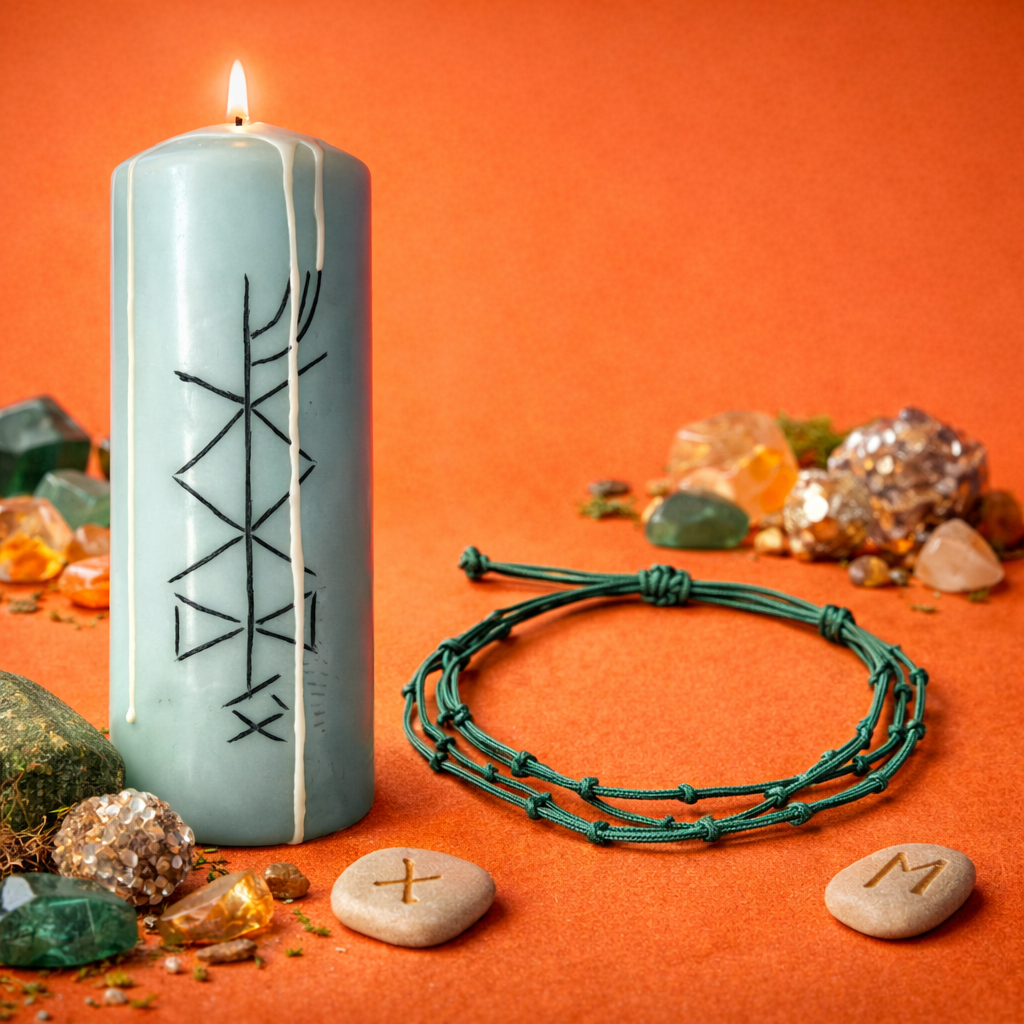 Set Ritualic pentru Abundenta Financiara si Atragerea Banilor  Bratara de prosperitate si lumanare ritualica cu rune pentru deblocarea fluxului financiar