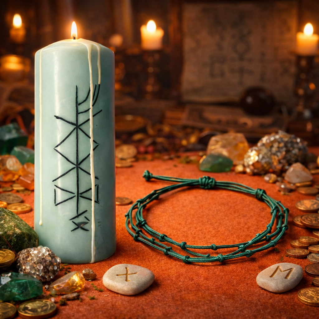 Set Ritualic pentru Abundenta Financiara si Atragerea Banilor  Bratara de prosperitate si lumanare ritualica cu rune pentru deblocarea fluxului financiar