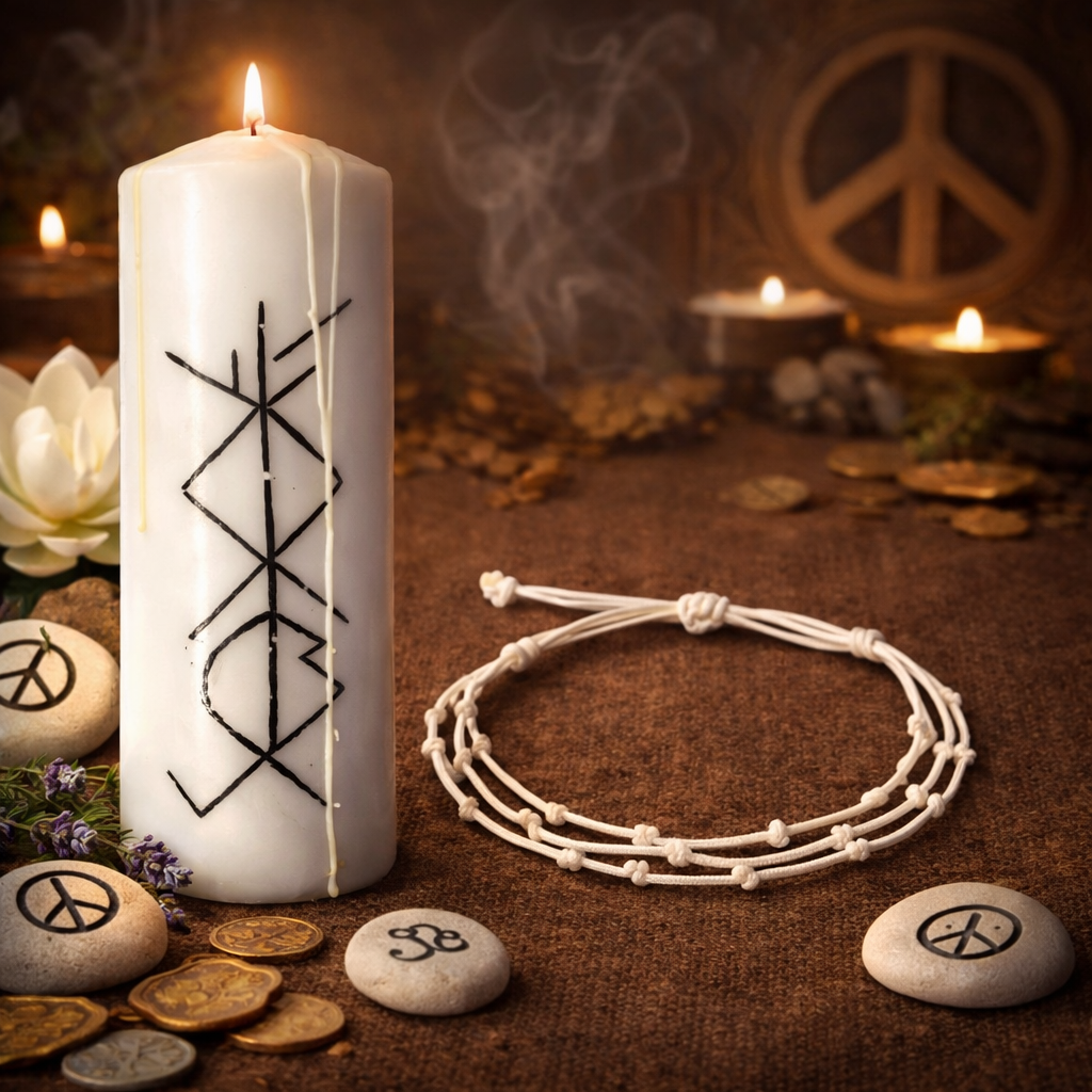 Set Ritualic pentru Protectia Locuintei – Armonie, Pace si Curatare Energetica  Bratara energetica + lumanare ritualica cu rune si simboluri de protectie