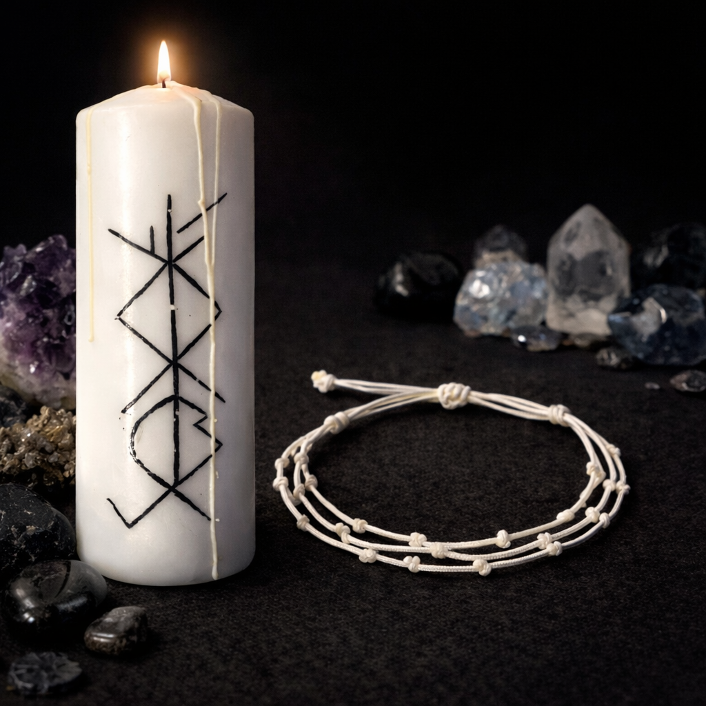 Set Ritualic pentru Protectia Locuintei – Armonie, Pace si Curatare Energetica  Bratara energetica + lumanare ritualica cu rune si simboluri de protectie