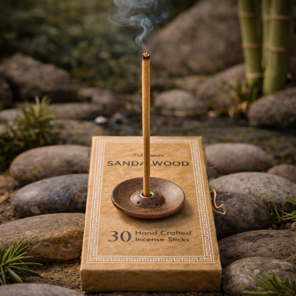 Set Betisoare Parfumate Tibetan Aroma Santal cu Suport din Lemn