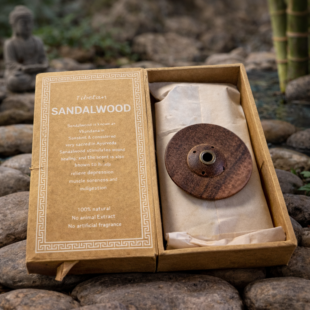 Set Betisoare Parfumate Tibetan Aroma Santal cu Suport din Lemn