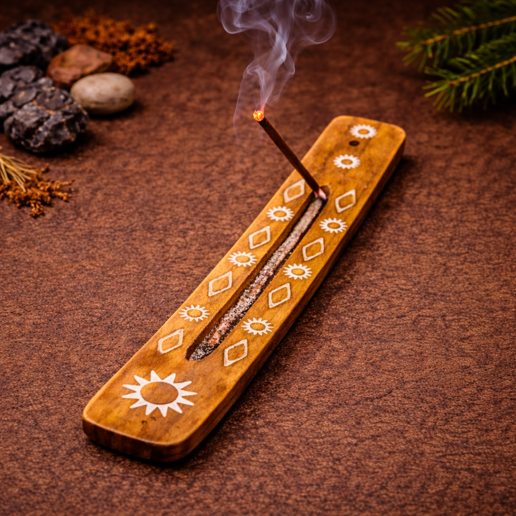 Suport de lemn pentru betisoare parfumate – Design ritualic cu simboluri albe