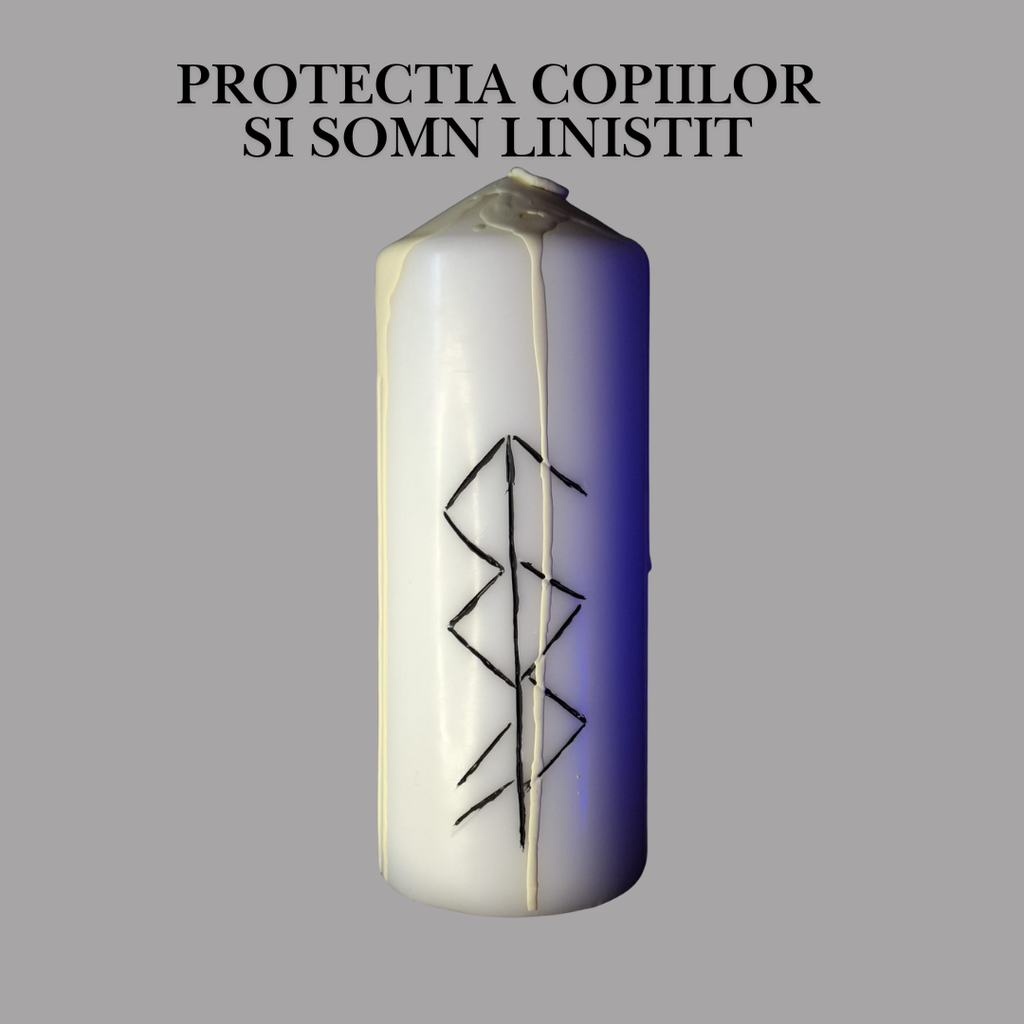 Protectia Copiilor si Somn Linistit – Lumanare Talisman cu Sigilii Runice pentru Siguranta, Calm Emotional, Liniste Nocturna si Armonie in Camera Copilului – Giovani Tarot