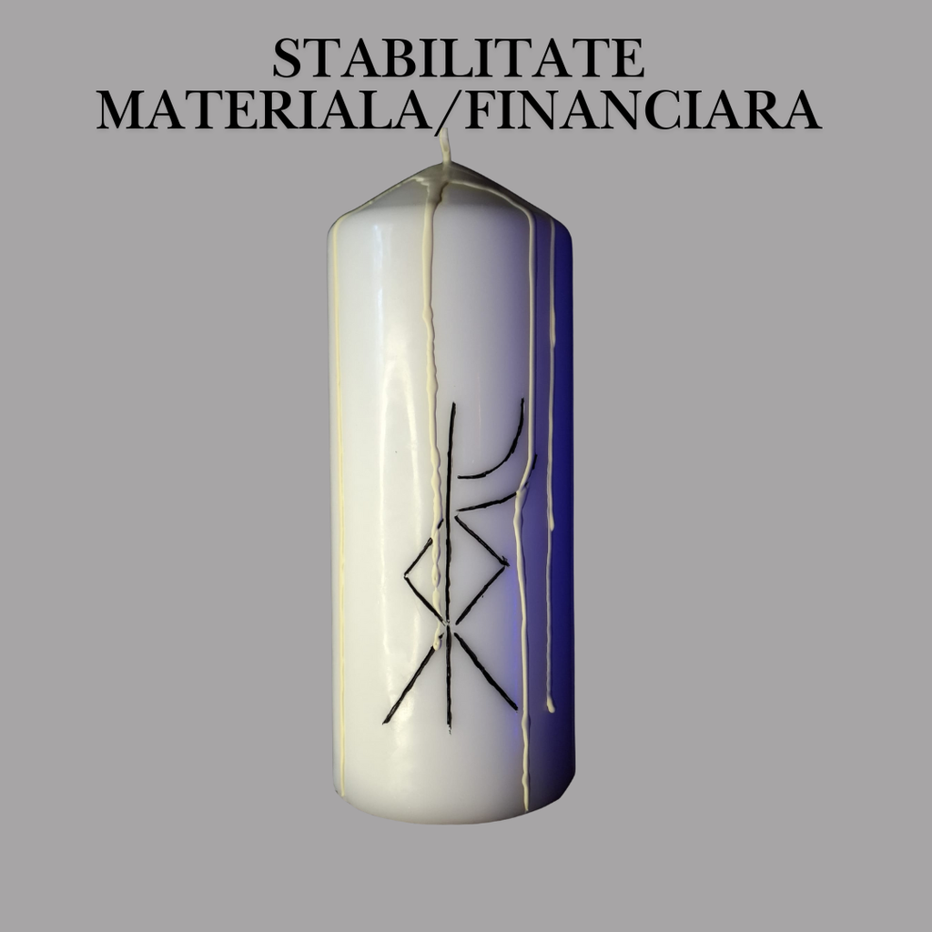 Stabilitate Materiala / Financiara – Lumanare Talisman cu Sigilii Runice pentru Echilibru, Siguranta, Organizare si Sustinere Energetica a Planului Material – Giovani Tarot
