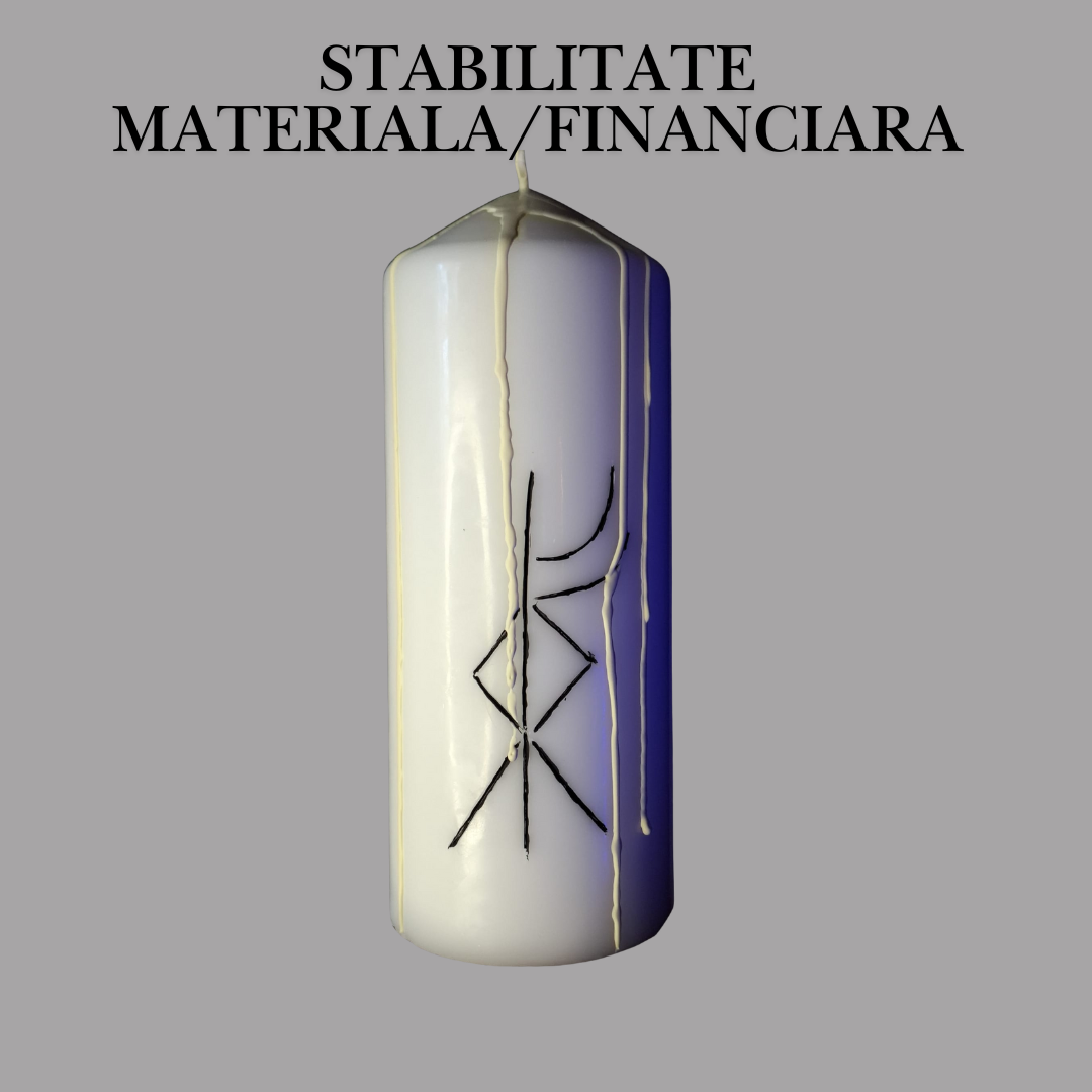 Stabilitate Materiala / Financiara – Lumanare Talisman cu Sigilii Runice pentru Echilibru, Siguranta, Organizare si Sustinere Energetica a Planului Material – Giovani Tarot