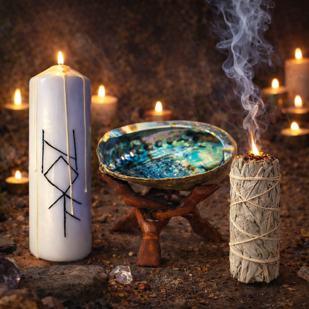 Ritual Anularea Karmelor de Neam – Lumanare Talisman cu Sigilii Runice, Salvie Alba si Scoica