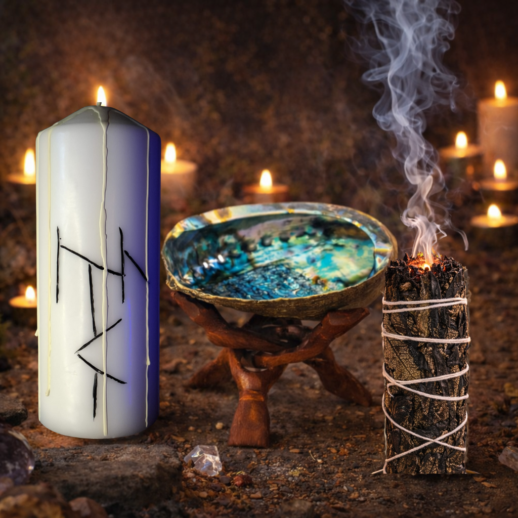 Ritual Spiritual Eliberarea Atasamentelor Toxice cu Lumanare Talisman, Salvie Neagra si Scoica