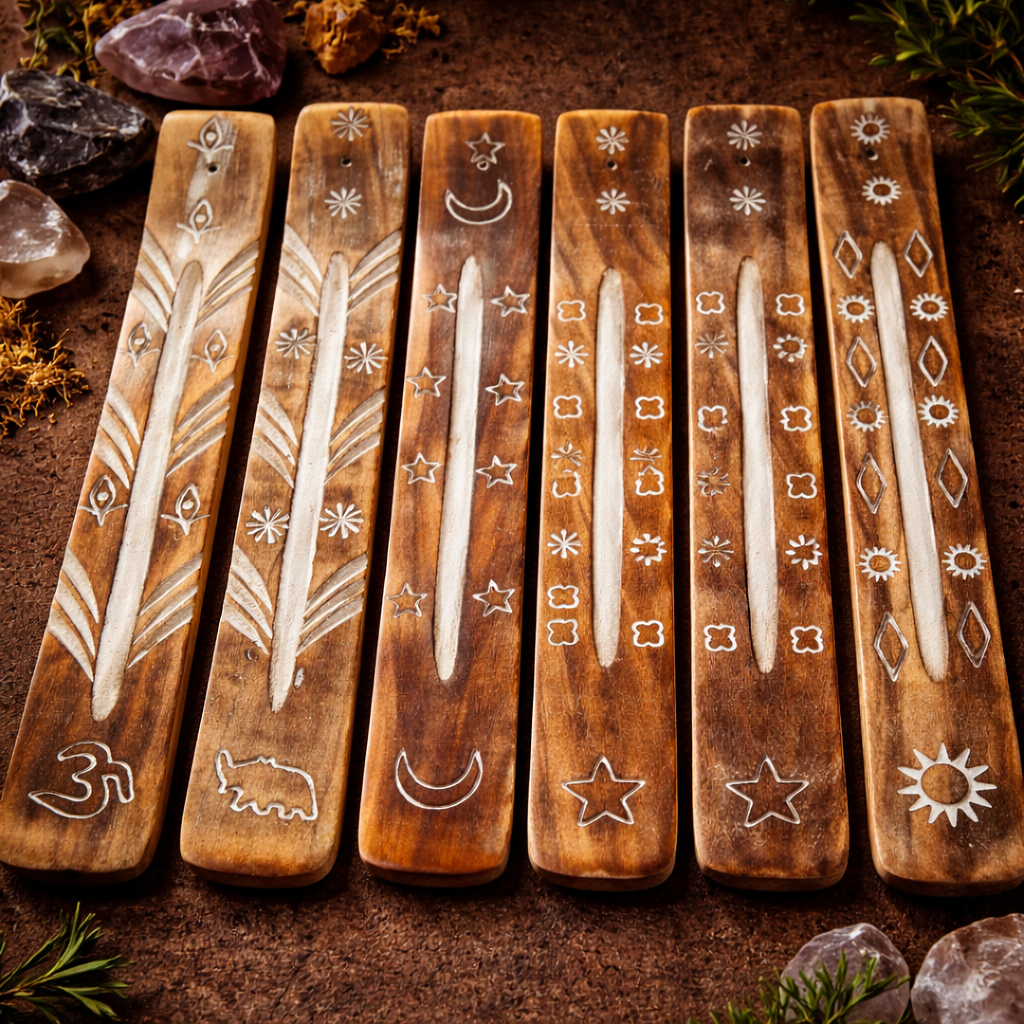 Suport de lemn pentru betisoare parfumate – Design ritualic cu simboluri albe