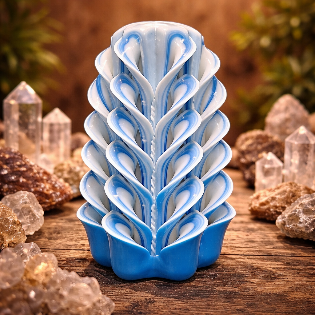 Lumanare sculptata handmade albastru–alb – design artistic spiritual | Colectie Giovani Tarot