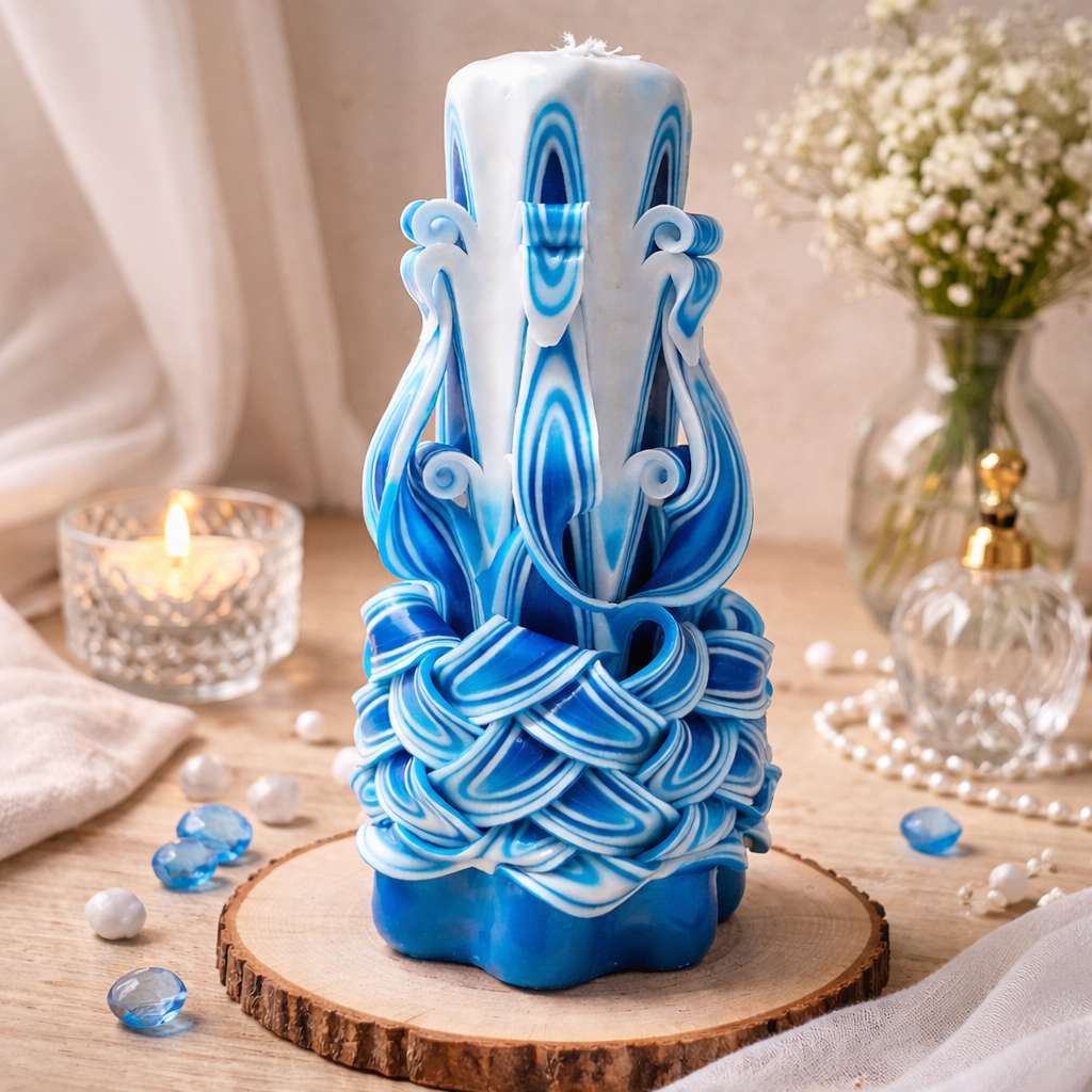 Lumanare Decorativa Sculptata Alb-Albastru – Parafina Premium – 20 cm – Model Artistic Elegant